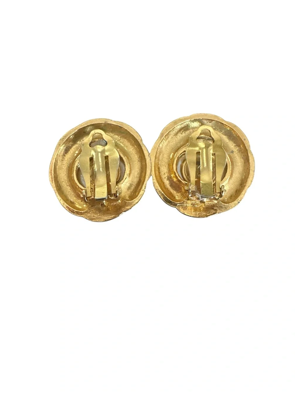 CHANEL Gold-Tone Button Earrings with White Pearl Centers